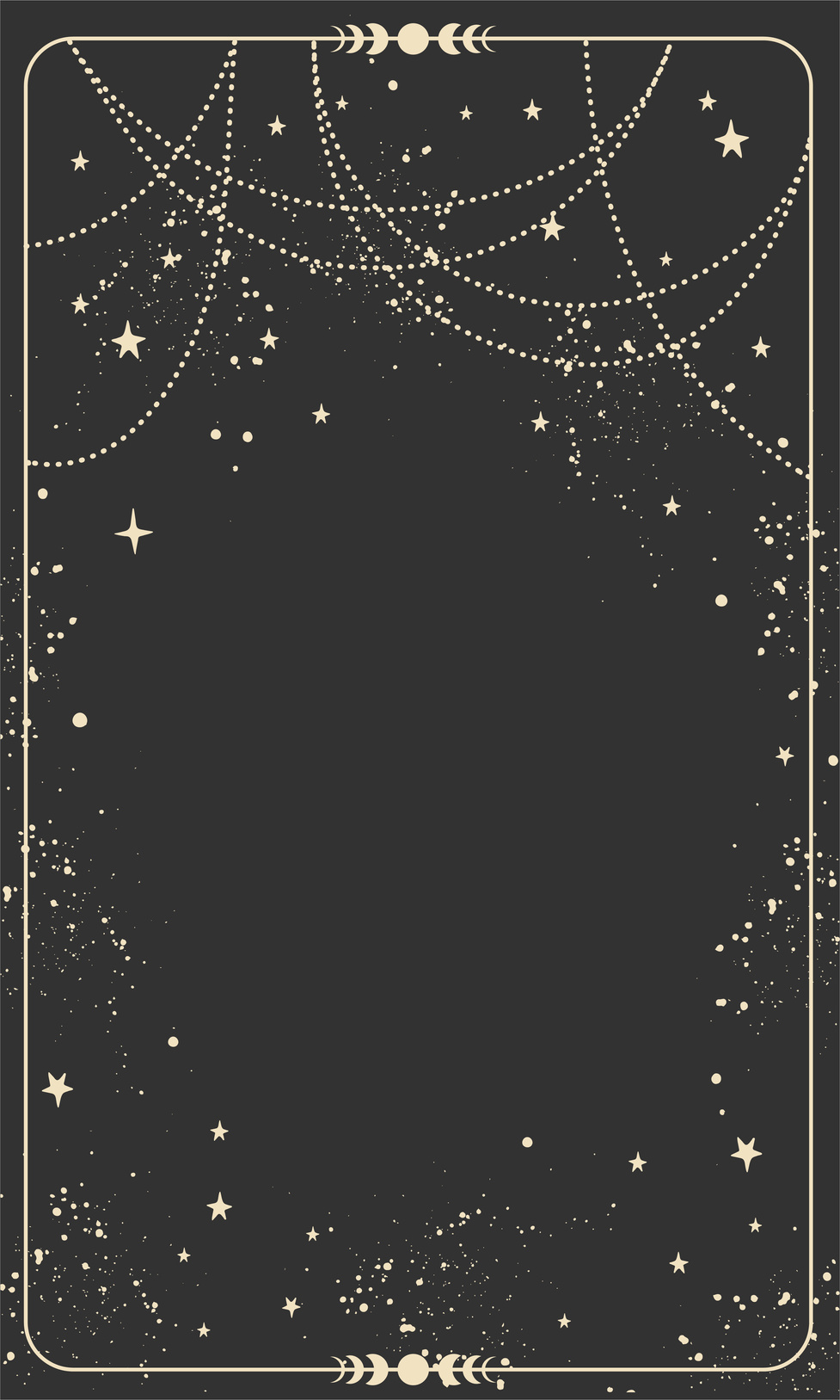 Vintage Celestial Mystical Background for Astrology, Divination, Tarot. Black Postcard with a Frame in a Bohemian Design, Stars and Jewelry, Copy Space. Magic  Illustration